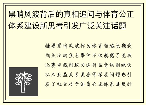 黑哨风波背后的真相追问与体育公正体系建设新思考引发广泛关注话题